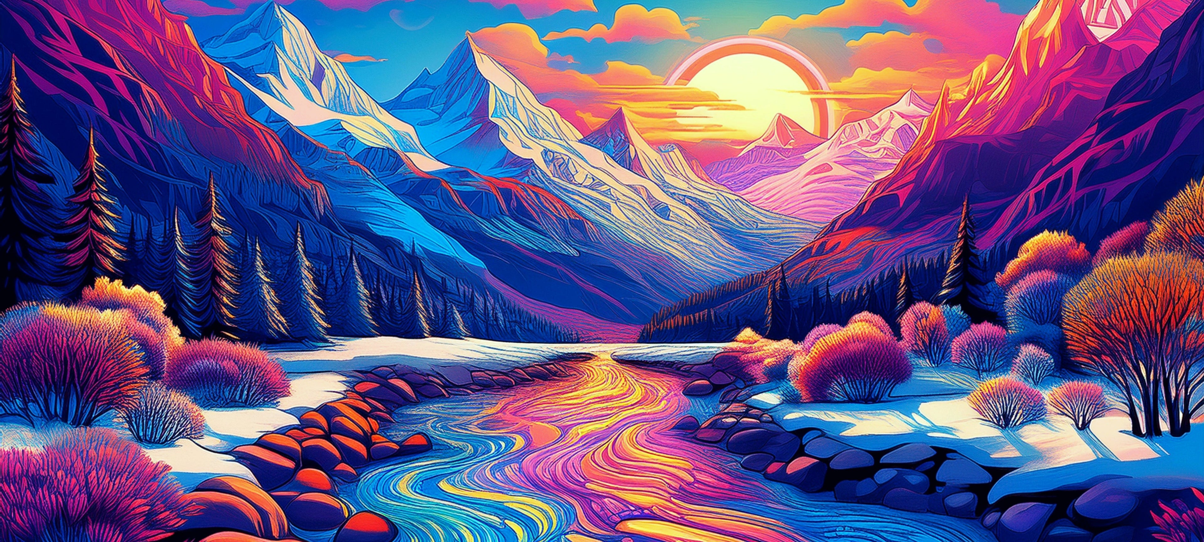 Vibrant mountain landscape with a stream, trees, and a colorful sky.